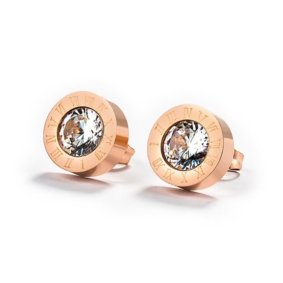 Roman Numeral Stainless Steel Rose Gold Stud Earrings With Diamond - Picture 3 of 5